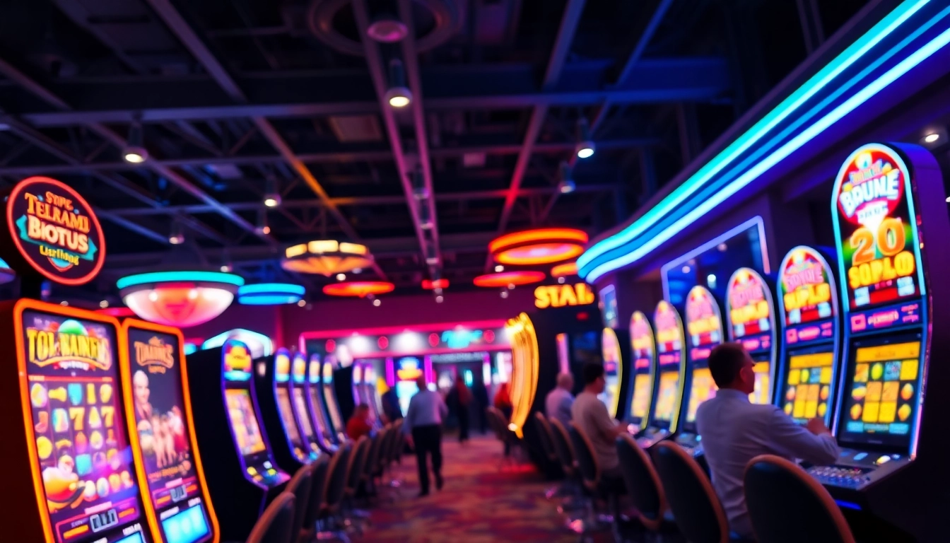 Menangkan permainan slot dengan mesin slot yang berwarna-warni dan penuh cahaya di kasino.