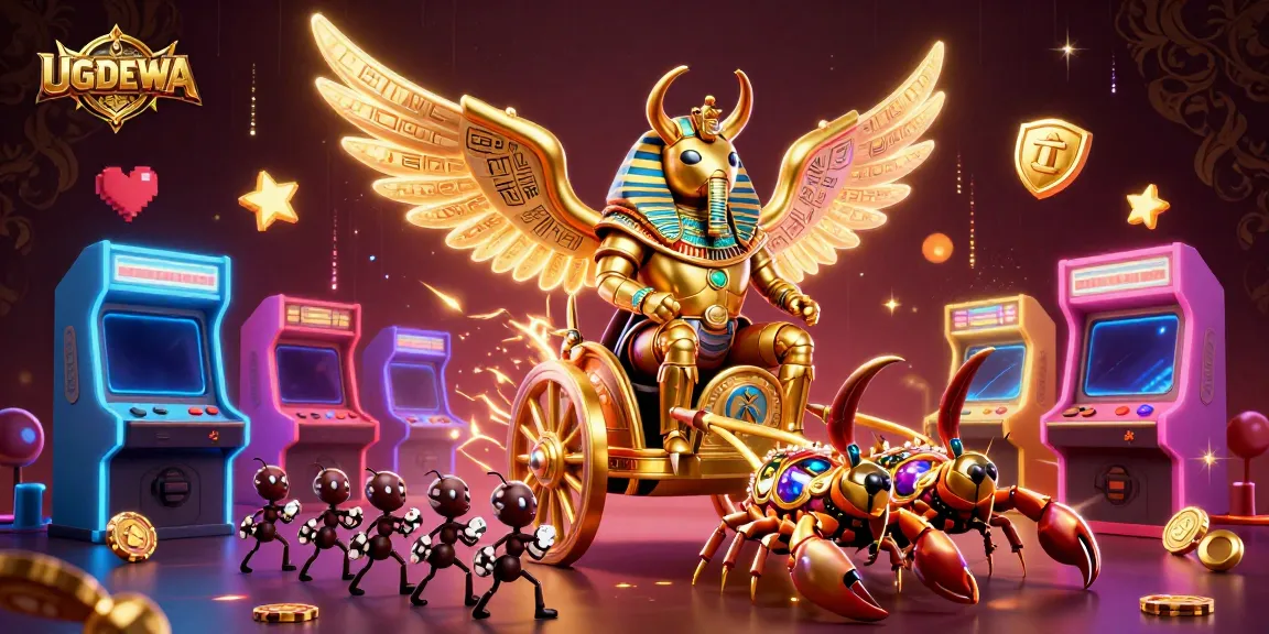 Visit UGDEWA to access thrilling games, highlighted by a golden scarab riding scorpions.