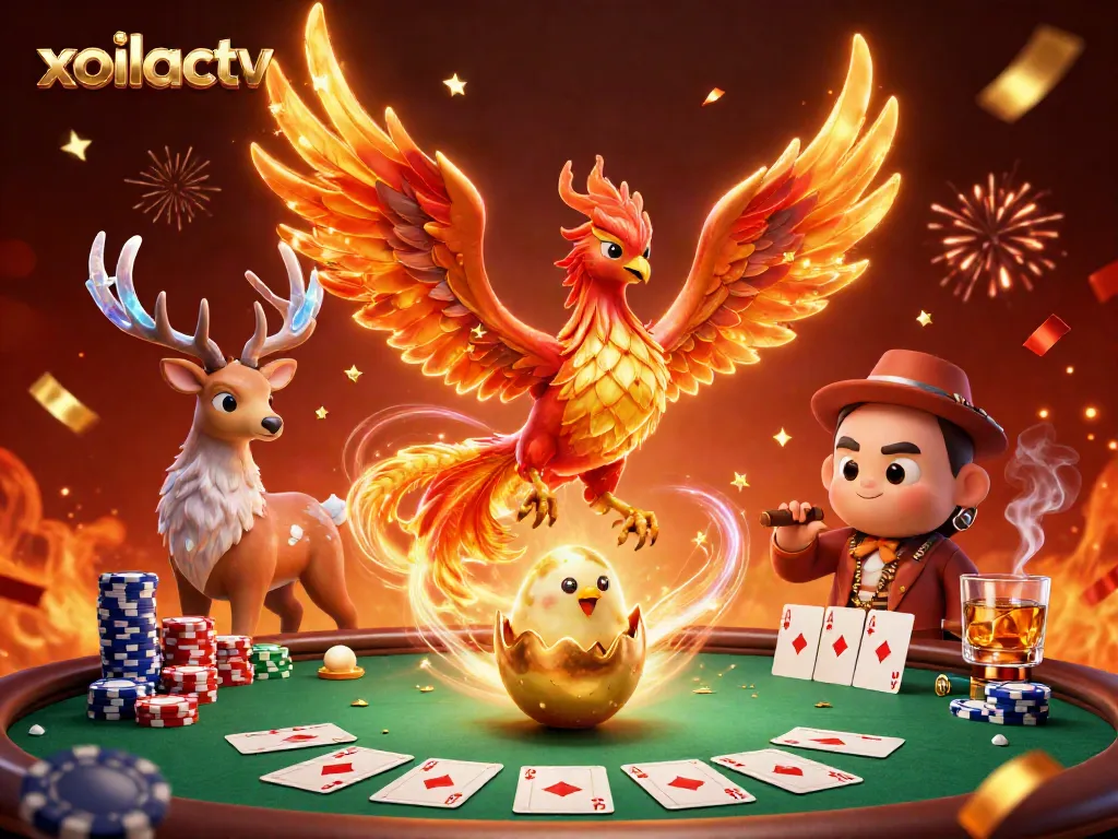 Experience the excitement of xoilactv with a vibrant phoenix scene amidst poker elements.