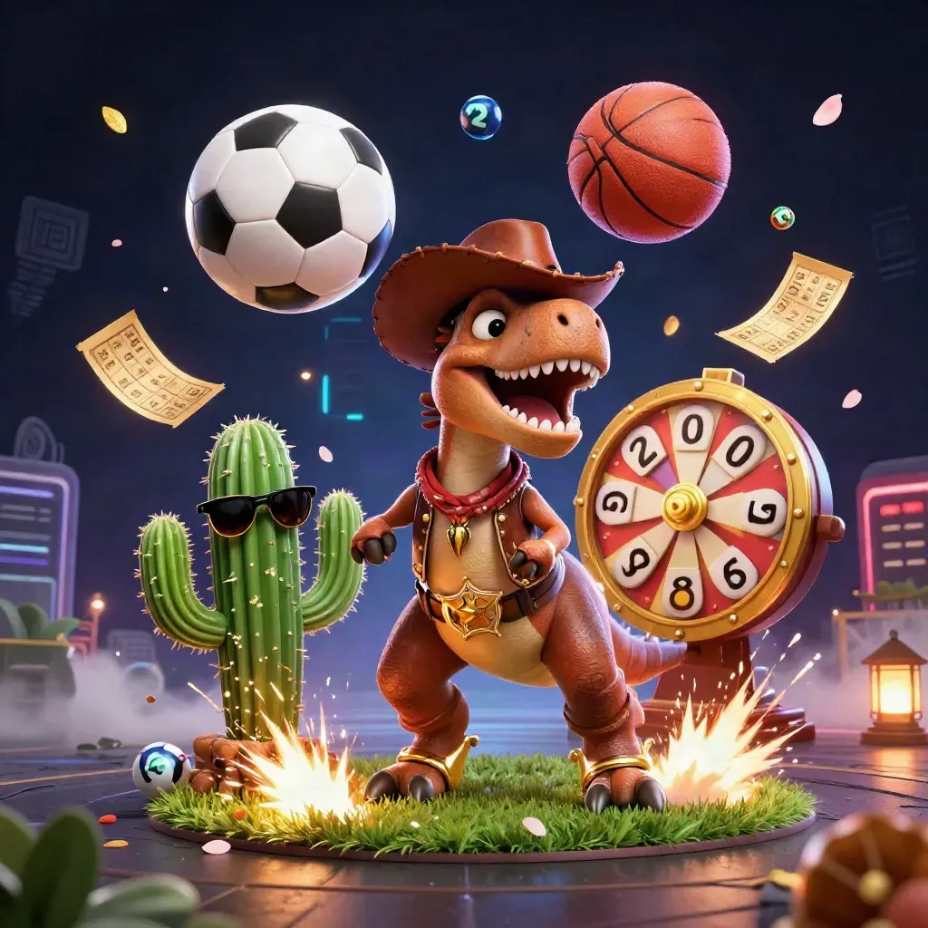 Dinosaurus koboi, kaktus, dan burung roadrunner di ledakan bola kasino neon mewah.
