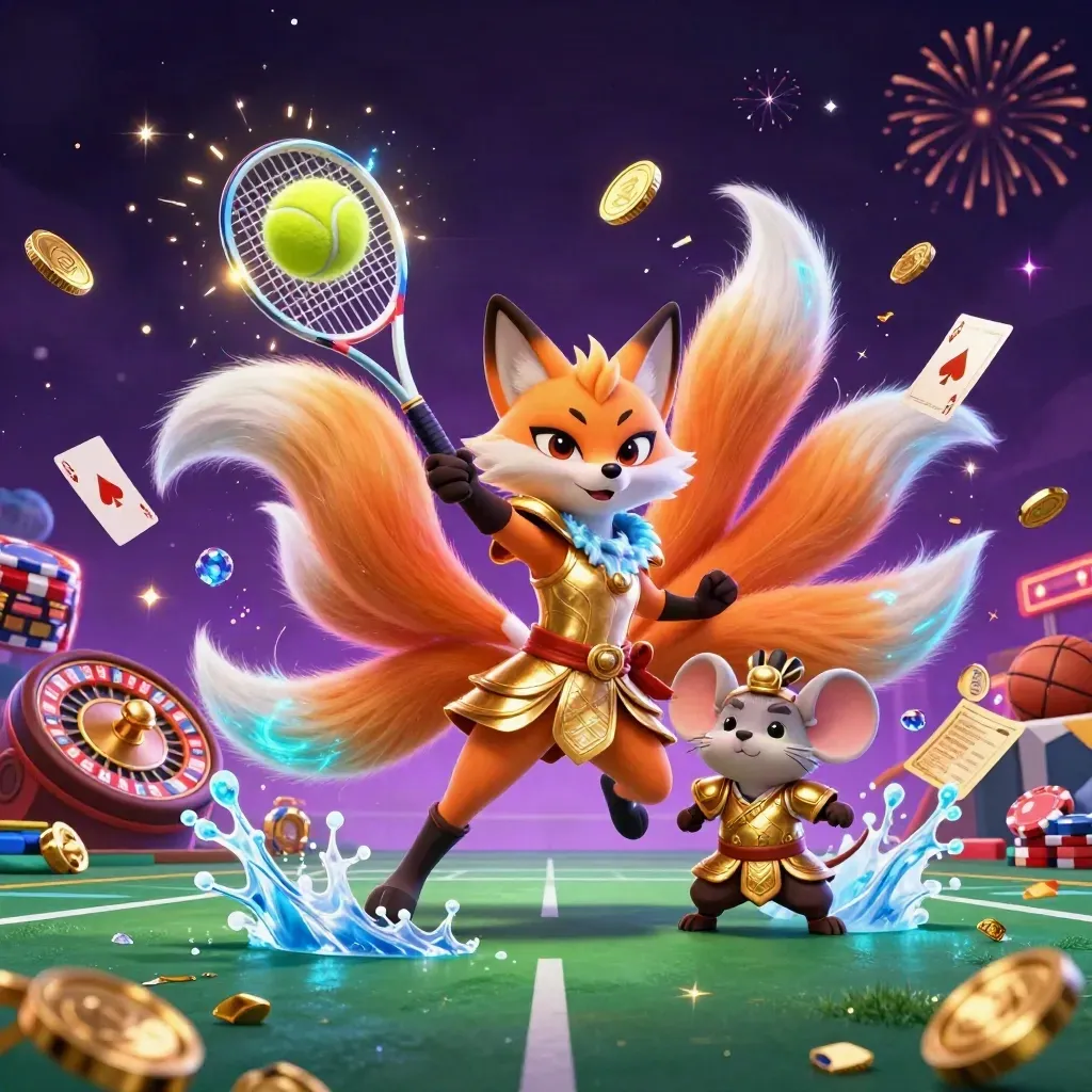 Rubah sembilan ekor dan tikus samurai emas dikelilingi koin, kartu, roulette, dan bola olahraga.