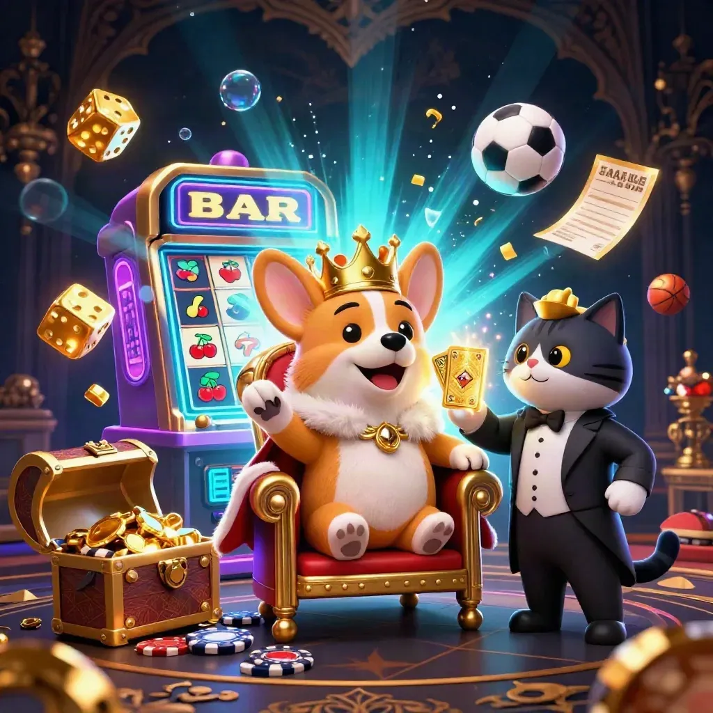 Korgi raja dan kucing pelayan di ledakan slot, emas, dan cahaya kasino mewah.