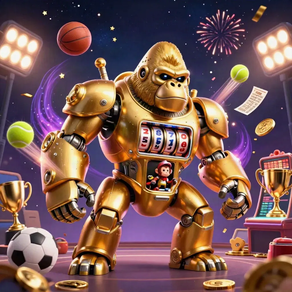 Mech gorila emas dikelilingi bola olahraga, koin, dan kilau stadion