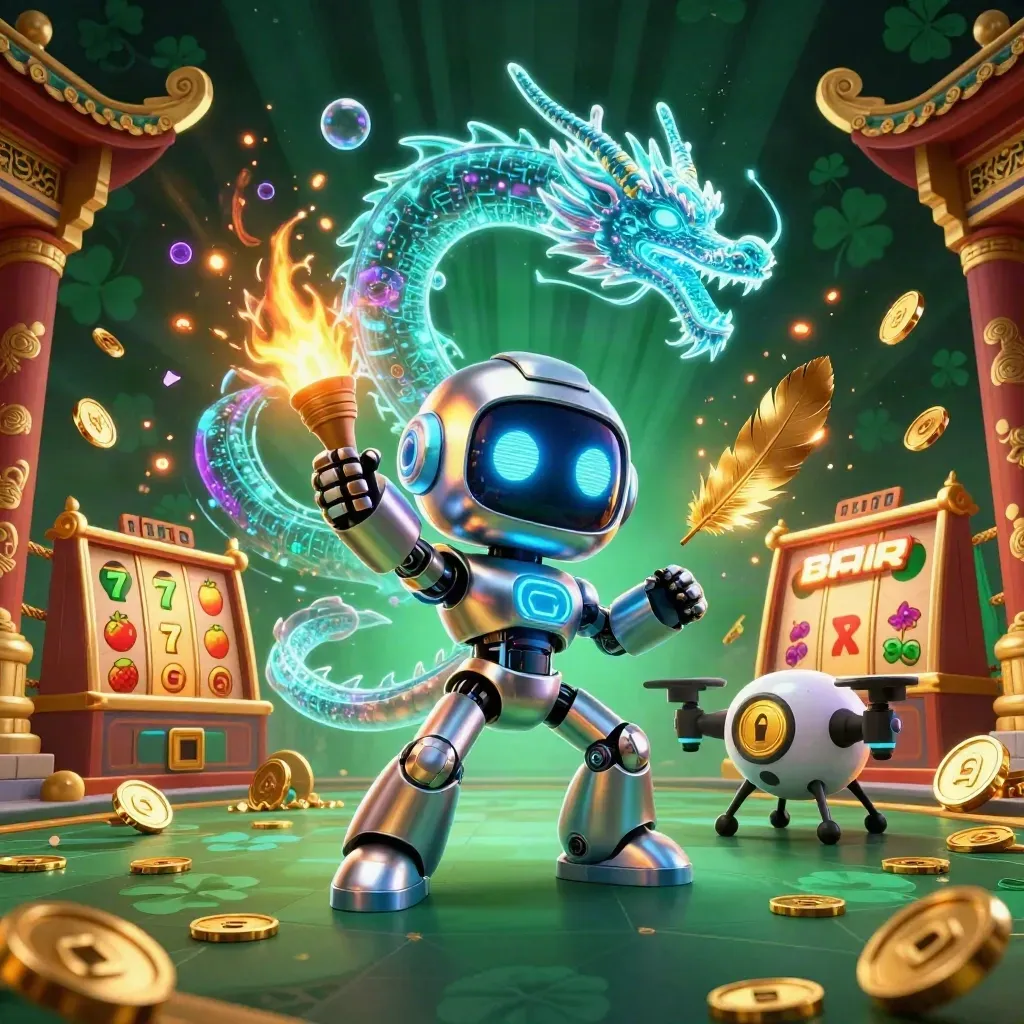 Robot cyberpunk, naga holografik, dan drone koin di kuil emas dengan efek neon mewah.