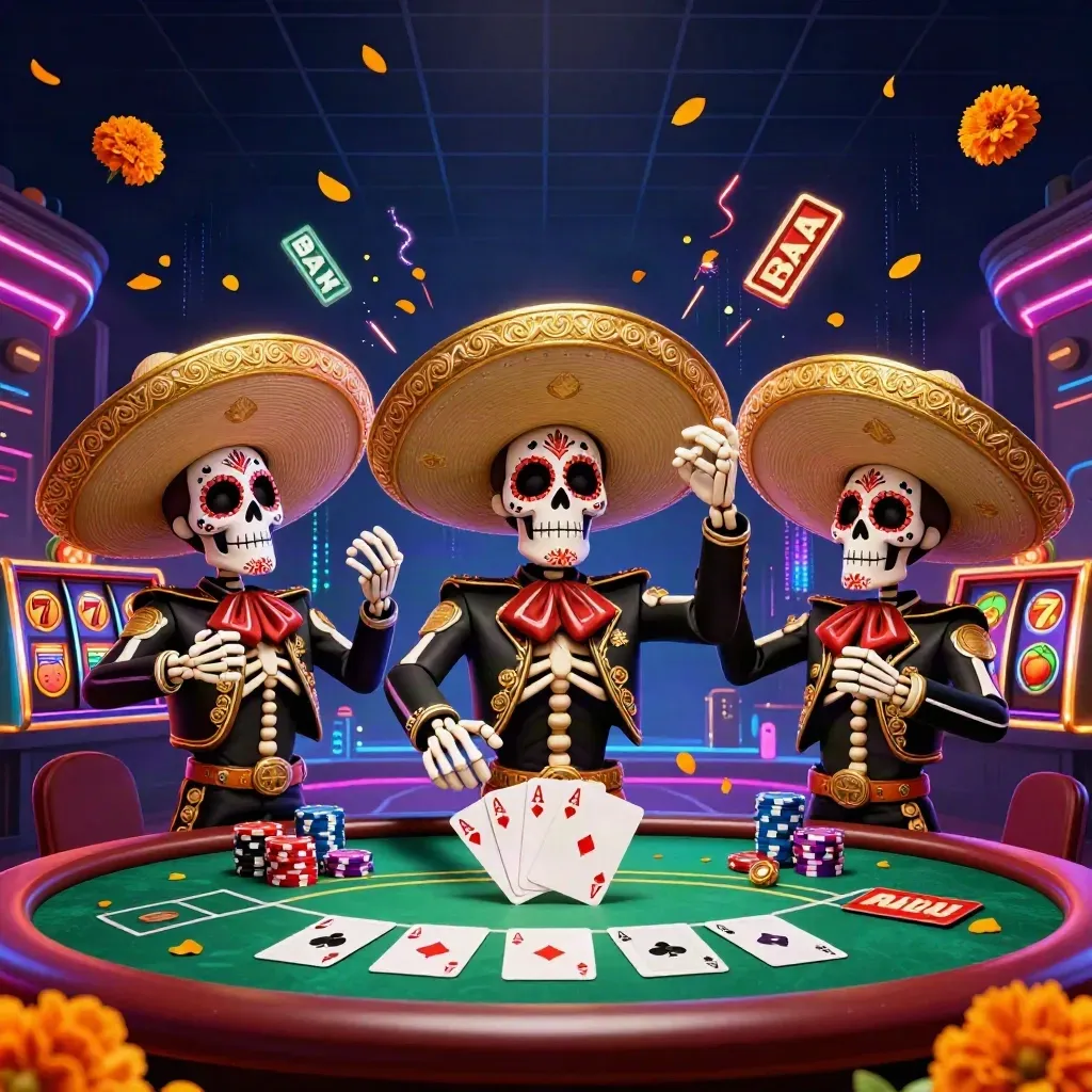 Tiga skeleton mariachi Day of the Dead di meja poker neon mewah
