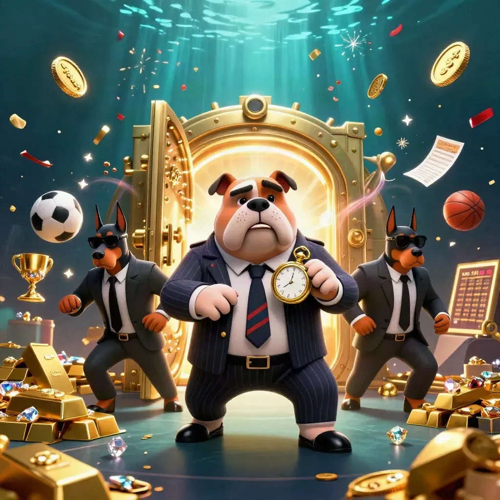 Bulldog mafia dan dua doberman di depan vault emas meledak, hujan koin, cahaya mewah.