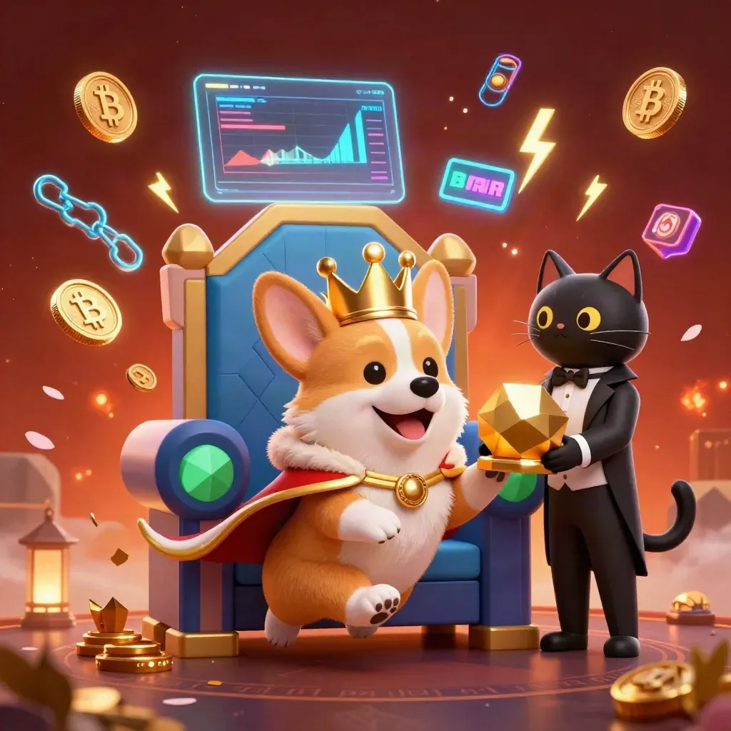 Korgi raja dan butler kucing di atas chip, dikelilingi koin kripto, petir, dan kilau kasino mewah.