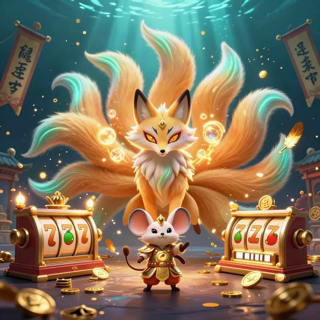 Rubah spirit sembilan ekor dan tikus samurai emas di arena neon, dikelilingi simbol slot.