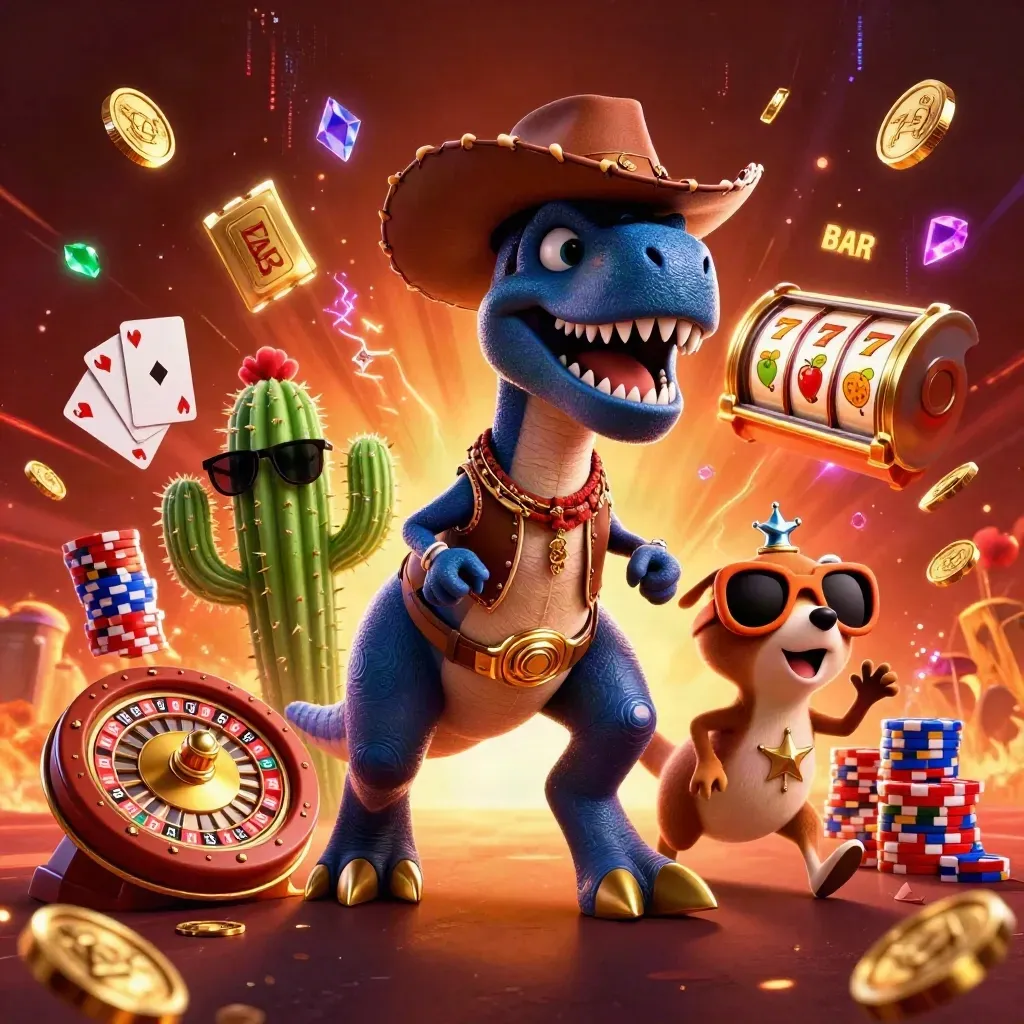 Dinosaurus koboi, kaktus, dan roadrunner dikelilingi koin, roulette, dan chip mewah.