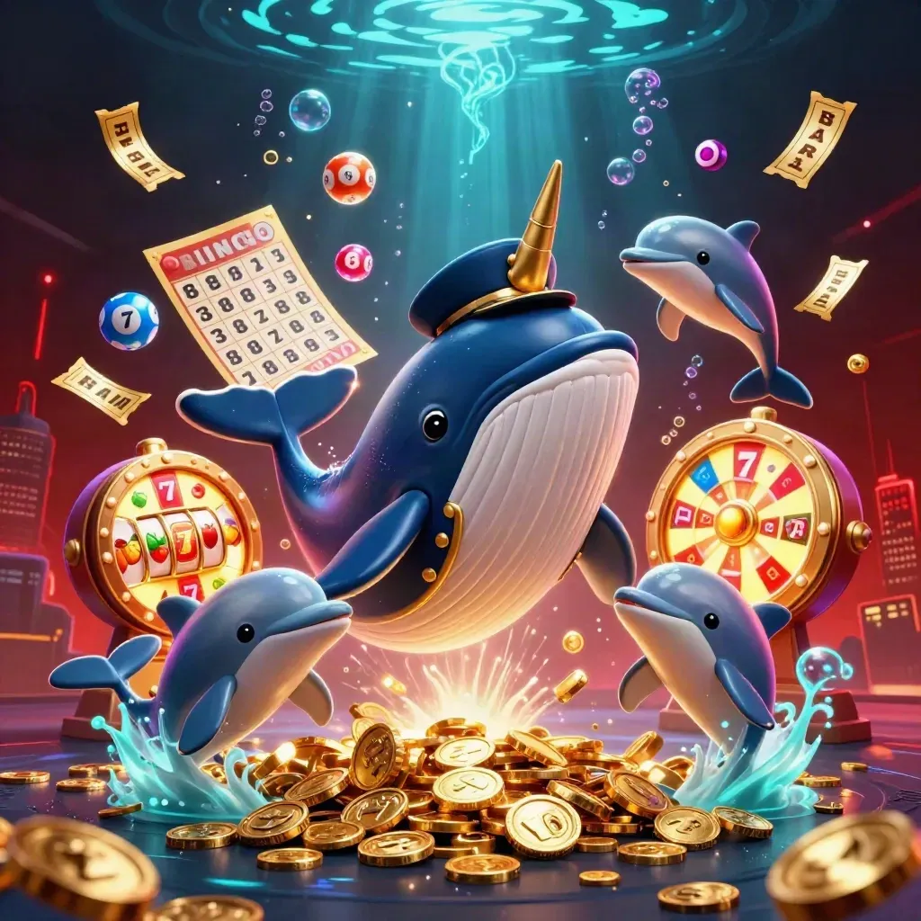 Paus kapten 3D emas melesat di lautan koin, ditemani narwhal, lumba-lumba, dan elemen kasino.