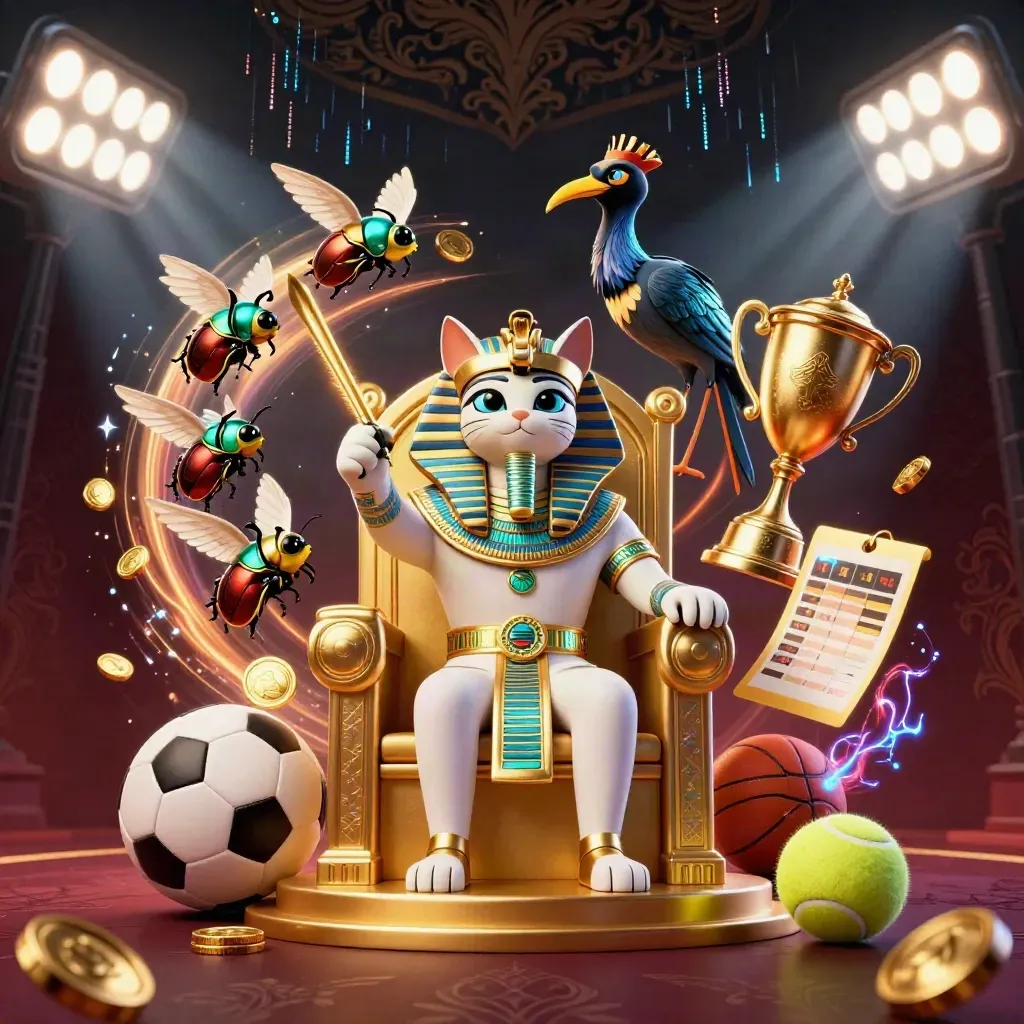 Kucing firaun emas, ibis, skarab, bola olahraga, piala, dan koin bercahaya.