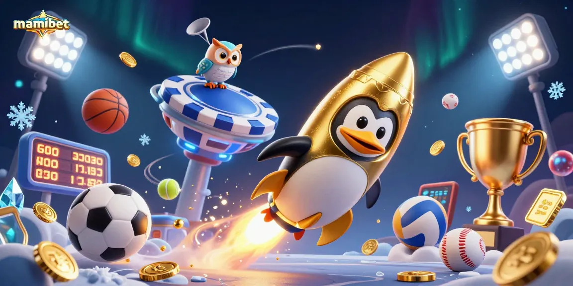 Experience thrilling gameplay at mamibet with a golden penguin flying to a poker chip-shaped casino.
