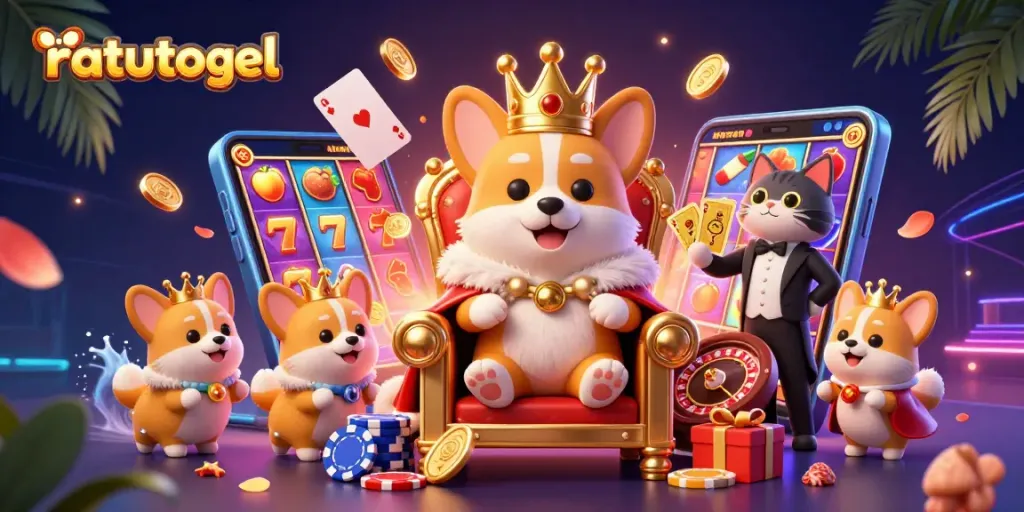 Experience exciting ratutogel gameplay with a royal corgi and colorful slot game elements.