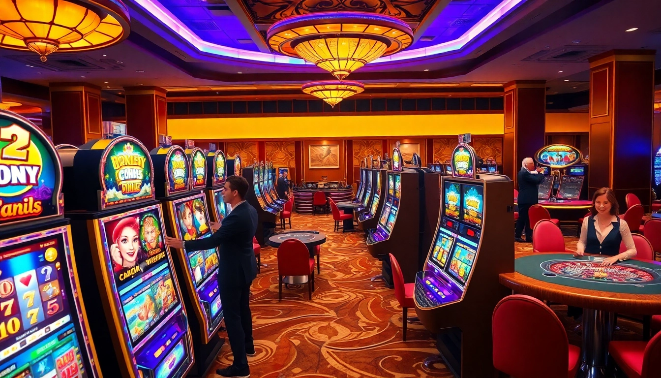 Experience the excitement of a slot bonus new member in a vibrant casino setting with glowing slot machines.