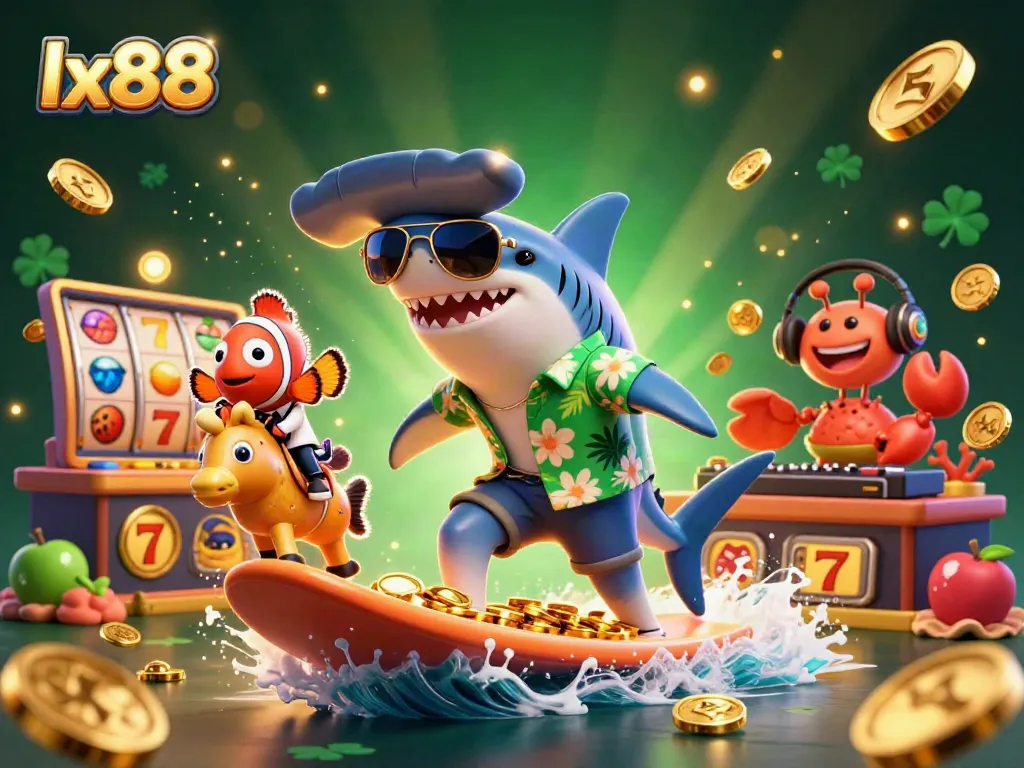 Experience the thrill of gameplay with lx88 as a shark surfs gold coins surrounded by exciting casino elements.