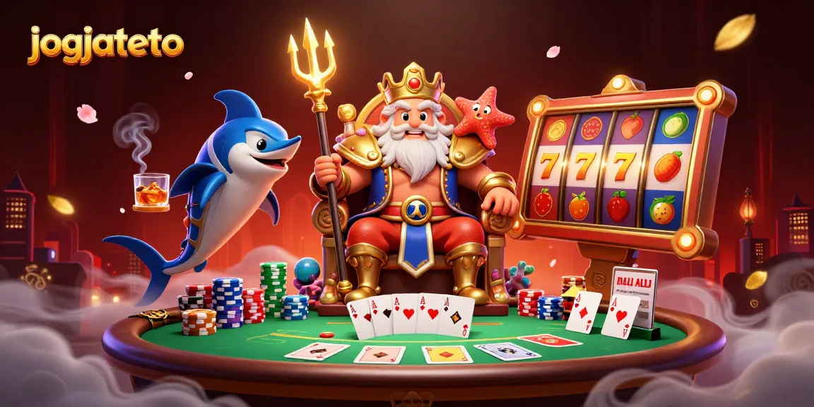 Experience the excitement of jogjatoto with Neptune the sea king surrounded by vibrant slot reels and poker elements.