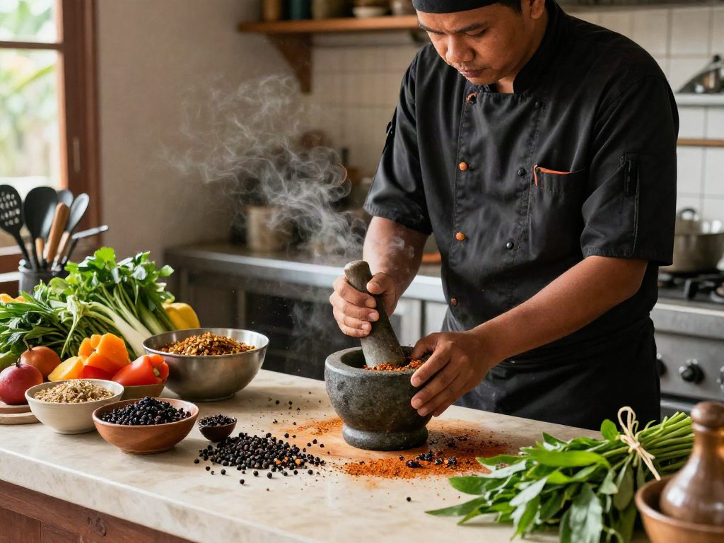 Proses memasak chef dengan lada hitam pecah25 dan bahan segar di dapur