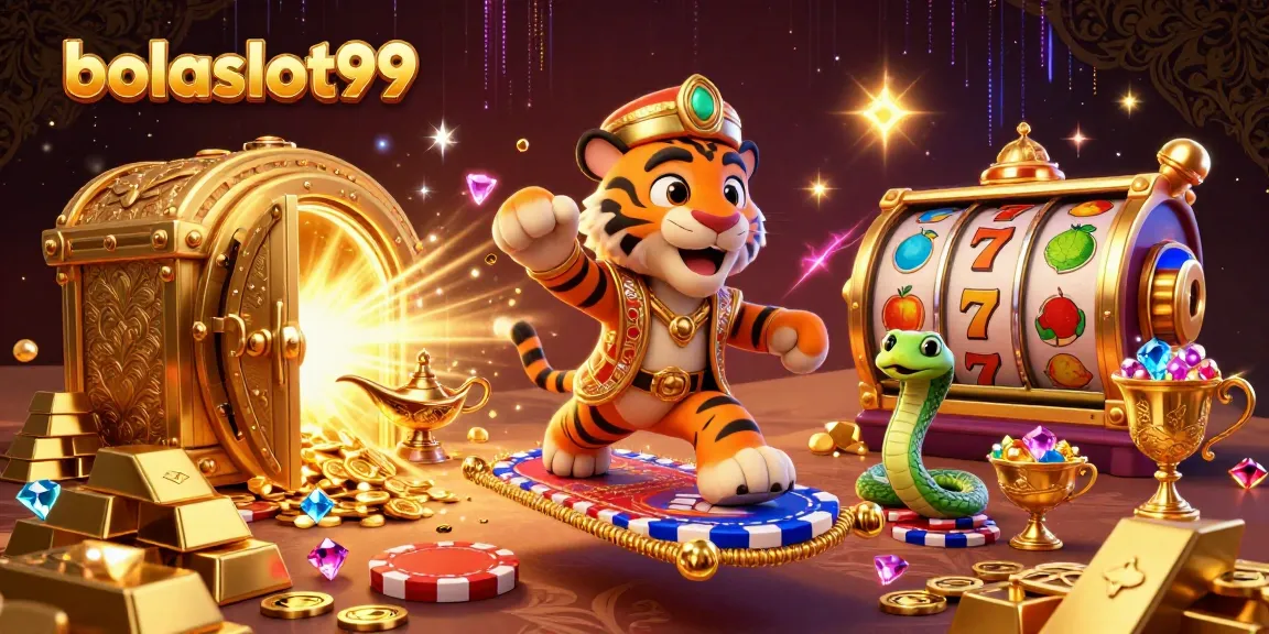 Bolaslot99 showcases a vibrant Arabian Nights scene with slot reels and treasures.