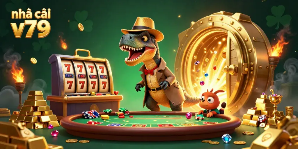 Delve into the excitement at nhà cái v79 with a vibrant illustration of animated dinosaurs at a casino table.