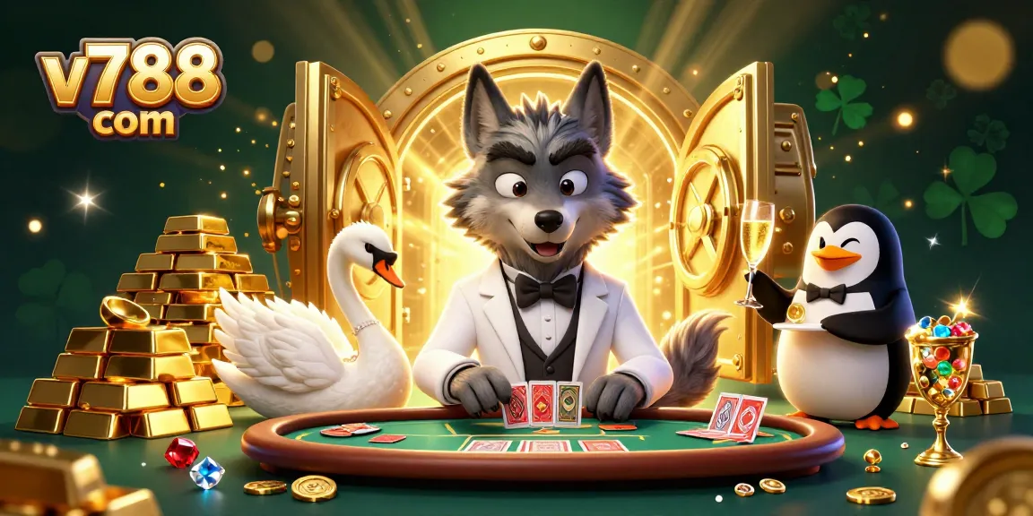 Experience the excitement of v788 com with lively characters playing baccarat surrounded by treasures.