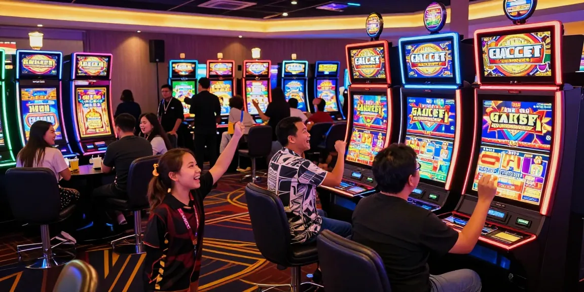 Slot gacor di kasino yang ramai dengan pemain bahagia merayakan kemenangan.