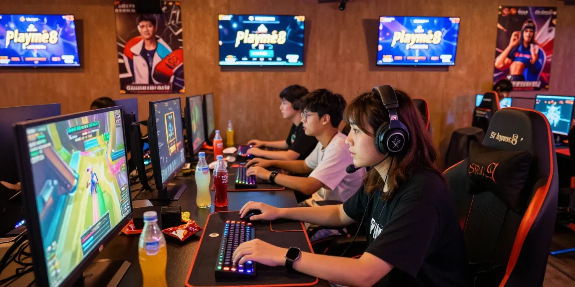 กลุ่มเพื่อนเล่นเกม playme8 saba ในร้านกาแฟเกมสดใส พร้อมเครื่องดื่มและขนมขบเคี้ยว