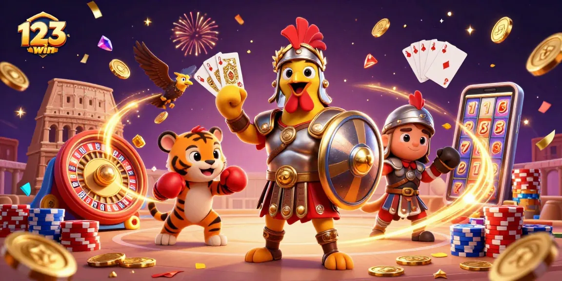 Engage with 123win's thrill as a gladiator rooster and friends celebrate in a vibrant casino arena
