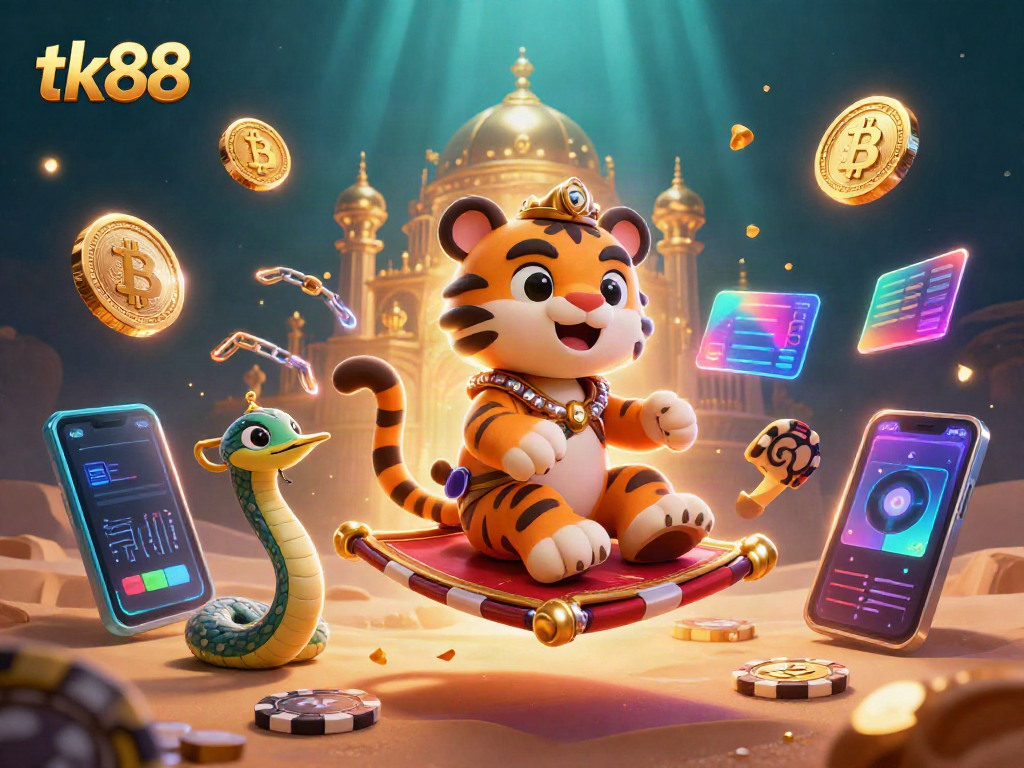 Experience the magic of tk88 as the tiger sultan takes flight on a poker chips carpet in a vibrant casino landscape.