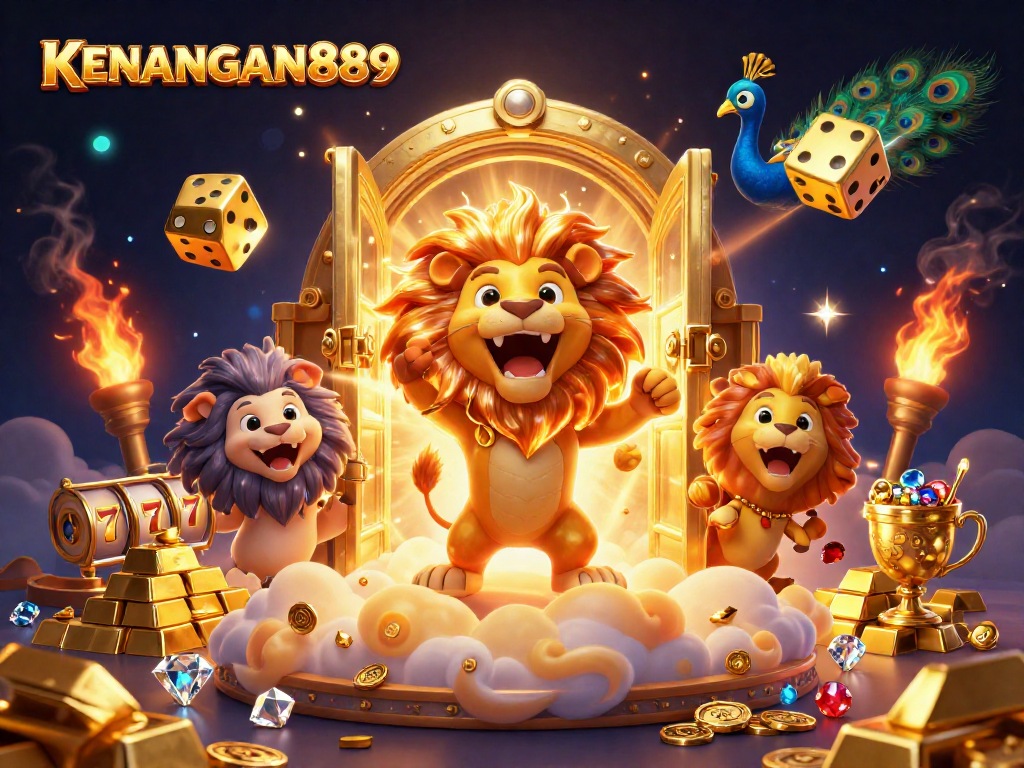 Engage with KENANGAN889's animated casino scene featuring vibrant characters and slot elements.