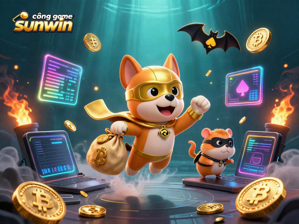 Experience thrilling gameplay at cổng game sunwin with an exciting illustration of a superhero dog and hamster.