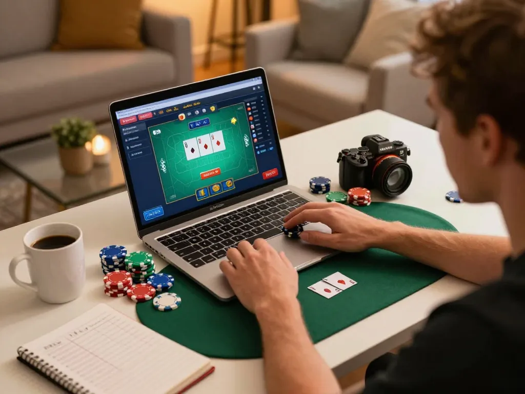 Kuwin player strategizing poker bets at home with laptop and colorful chips.