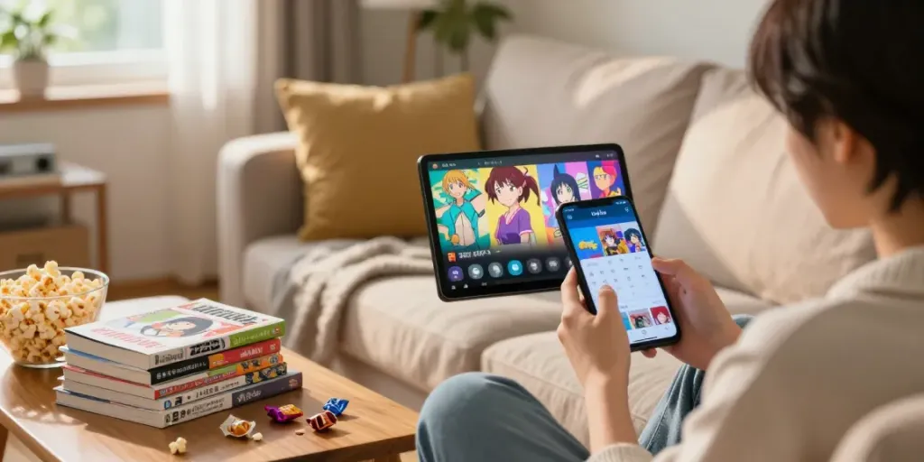 Menonton anime dengan Kucing APK di ruang tamu nyaman, dengan suasana hangat dan santai.