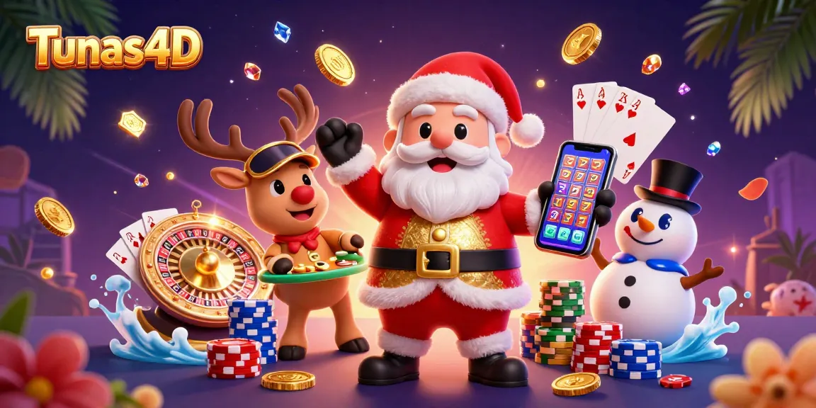Tunas4D players enjoying a dynamic casino scene with Santa, reindeer, and snowman amid jackpots and riches.
