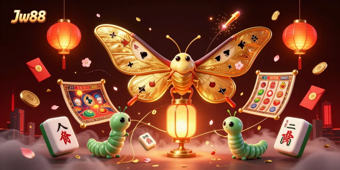 Engage with the vibrant Jw88 casino scene featuring golden moths and dynamic gaming elements.