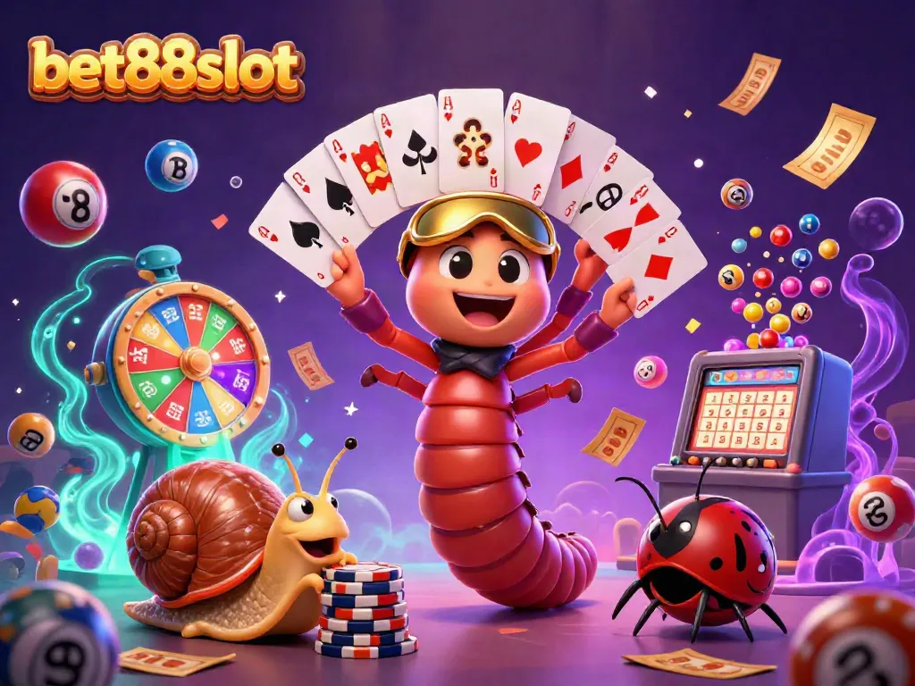 Exciting bet88slot casino scene with a millipede dealer, colorful lottery elements, and shiny chip stacks.