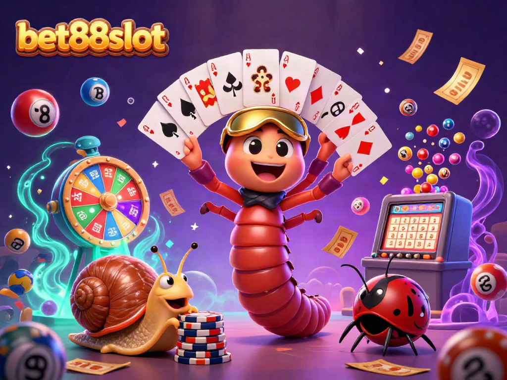 Exciting bet88slot casino scene with a millipede dealer, colorful lottery elements, and shiny chip stacks.
