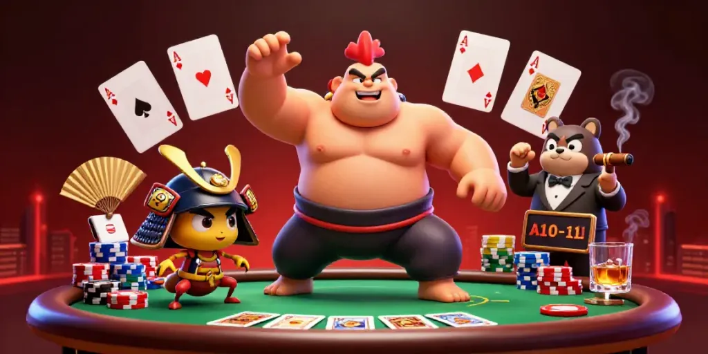Bongdalu 6 showcases fierce competition between a sumo wrestler rooster and samurai cricket at a vibrant poker table.