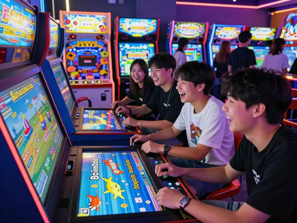 Engaging scene of friends joyfully competing in lại là Bắn cá đổi thưởng at an arcade.