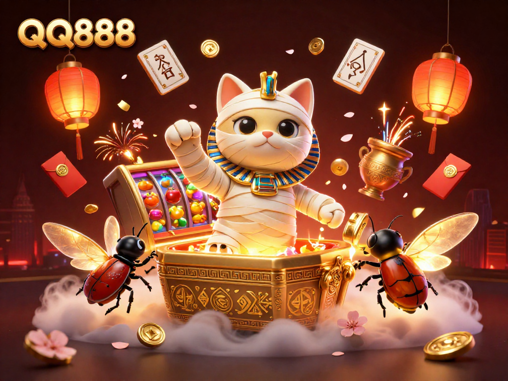 Spin and win with QQ888 in a captivating 3D casino illustration featuring vibrant games and thrilling action.