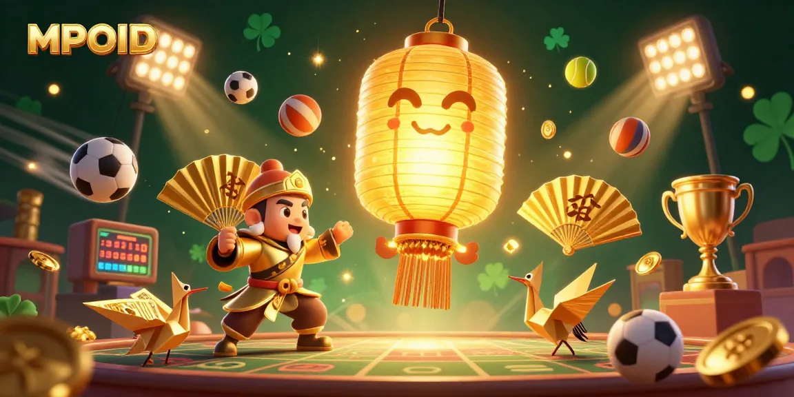 Engage with MPOID in this vibrant illustration showcasing golden spirits and sports elements highlighting excitement in gambling.