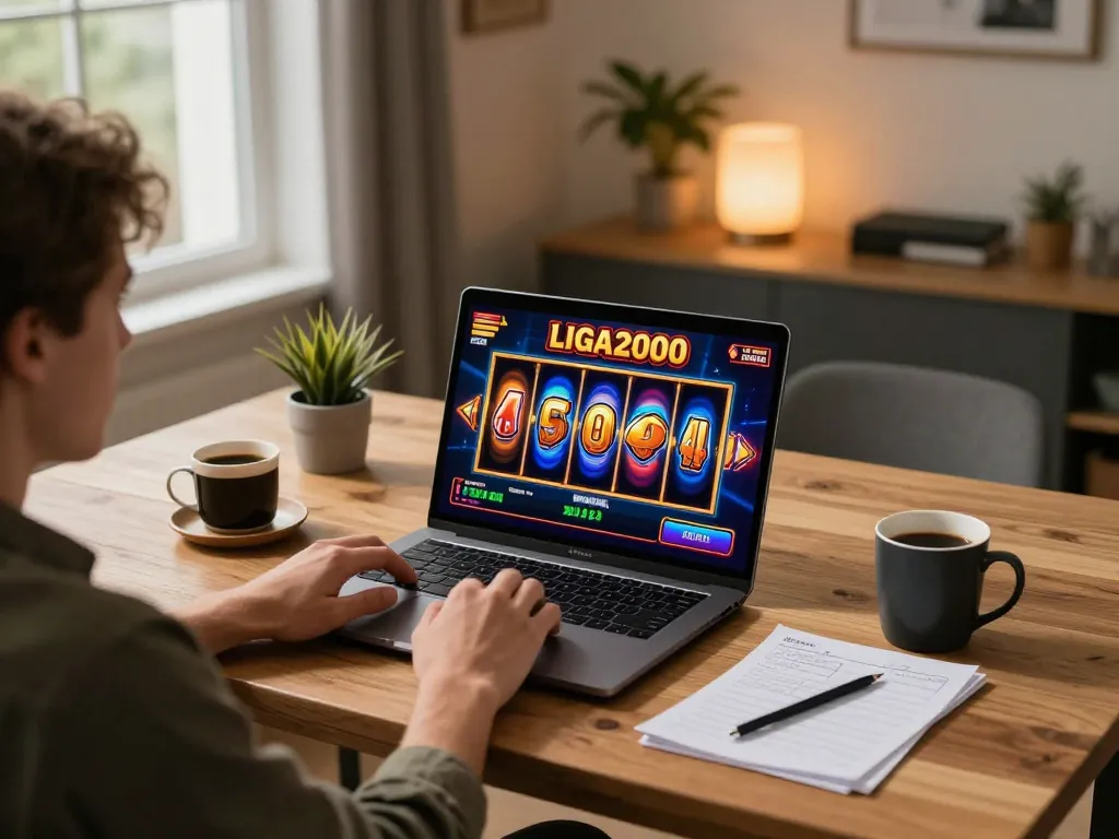 LIGA2000 slot game in action on a laptop, showcasing thrilling online gambling experience.