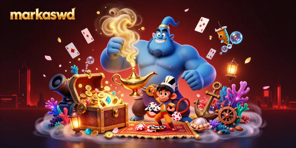 Experience markaswd's magical casino adventure with a genie, monkey, and poker chips in a vibrant underwater scene.