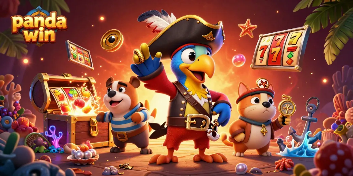 Panda win focuses on vibrant 3D cartoon characters in a dynamic casino treasure scene.