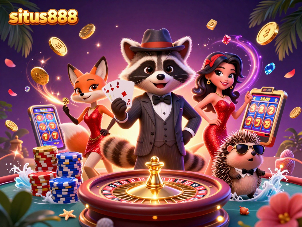 Experience thrilling slot action with situs888, featuring vibrant characters and dynamic casino elements.