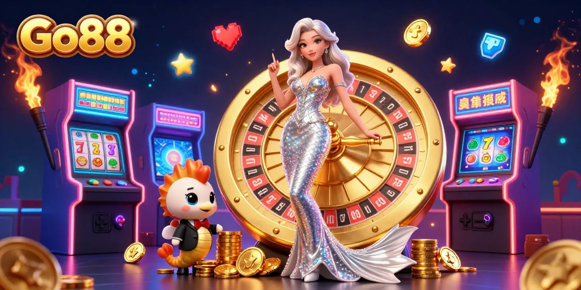 Engage with Go88's vibrant slots in a sparkling 3D casino scene filled with excitement.