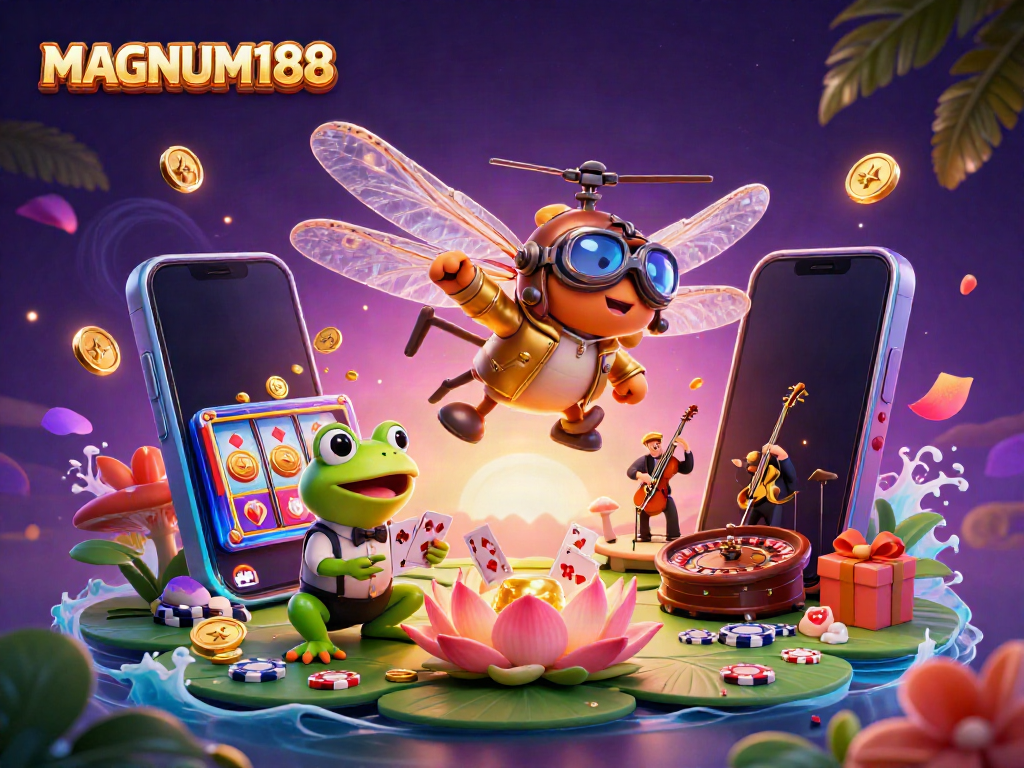 Engage with the thrilling MAGNUM188 casino experience featuring dynamic cartoon characters, gameplay elements, and vibrant visuals.