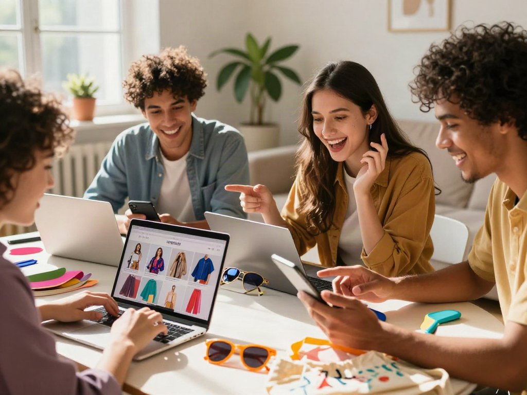 Friends joyfully browsing fashion items online, exploring trends with bro138.