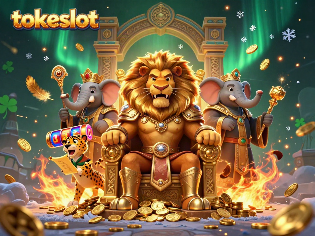 Tokeslot showcases a lion king, elephant advisor, and cheetah messenger in a dynamic gambling scene.