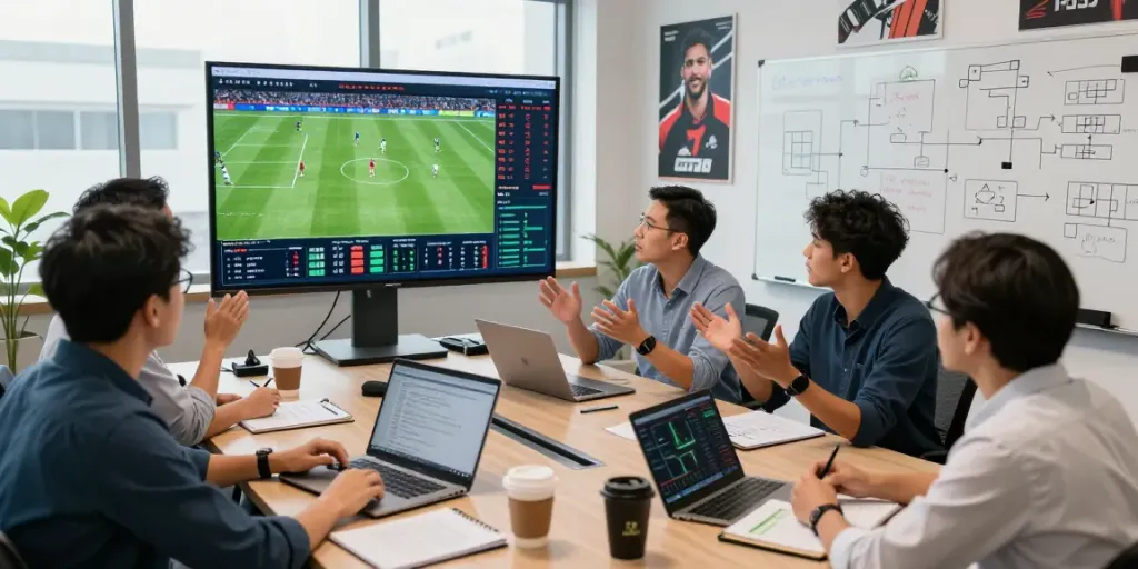 Team of sports analysts discussing jebolwd performance metrics in a modern office.