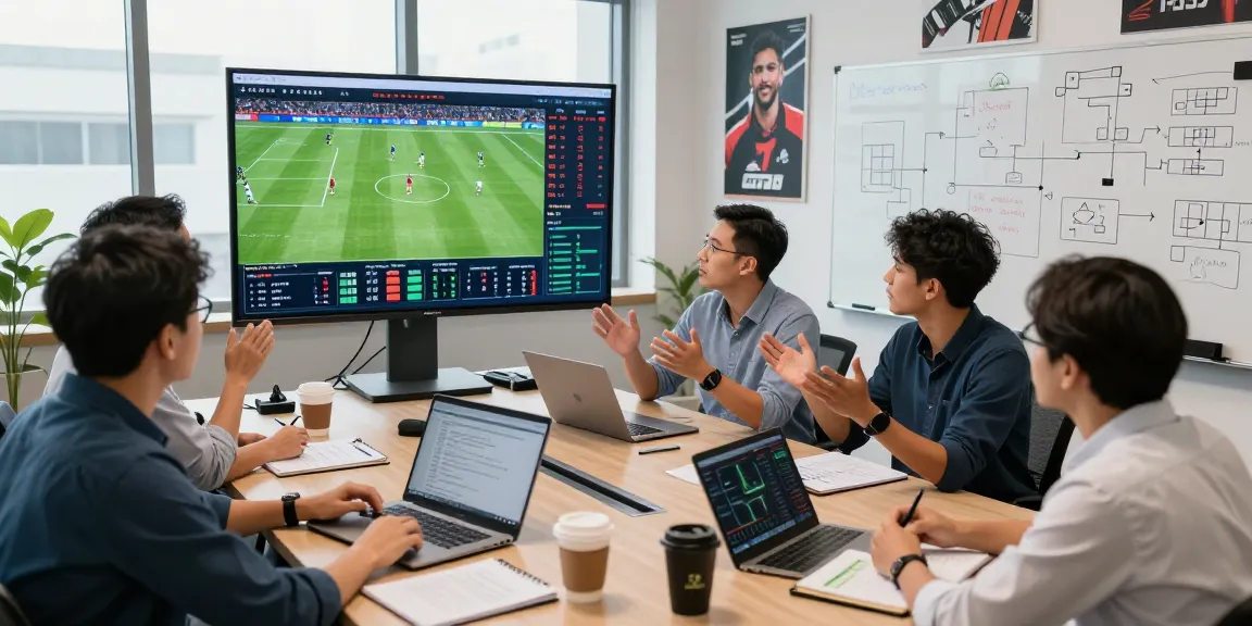 Team of sports analysts discussing jebolwd performance metrics in a modern office.